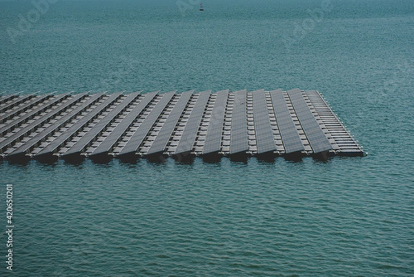 Fototapeta Solar power station., Aerial view of Floating solar panels or solar cell Platform system on the lake.