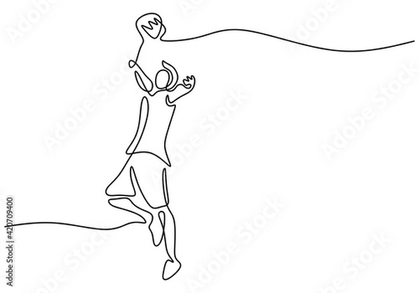 Fototapeta Continuous one line drawing of young man athlete playing badminton. A male jump and hit shuttlecock with racket. Competitive sport concept hand drawn art minimalism design. Vector illustration