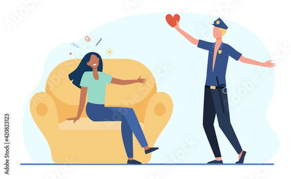 Fototapeta Caucasian cop man confessing love to African American woman. Police officer flat vector illustration. Love confession, BLM, relationship diversity concept for website design or landing web page