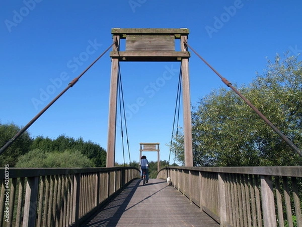 Fototapeta Fahrradfahrerin und Hund überqueren Holzbrücke