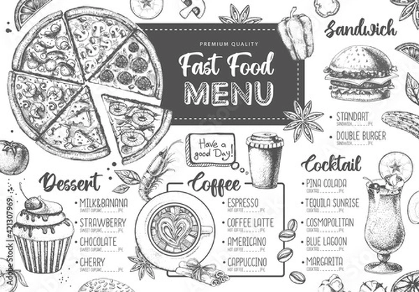 Fototapeta Restaurant menu design. Decorative sketch of pizza, sandwich and dessert. Fast food menu