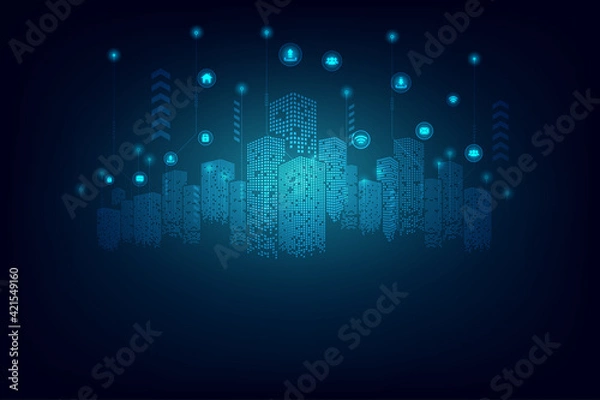 Fototapeta Vector technology smart city network connection concept. Abstract blue background.