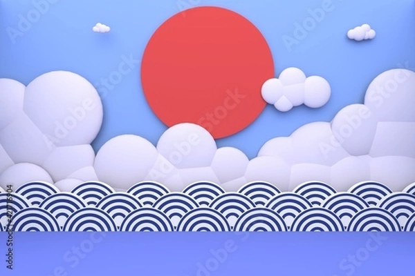 Fototapeta Japanese style stage layout and background including japan art wave white cute cloud and red sun on blue sky and sea.3d render.