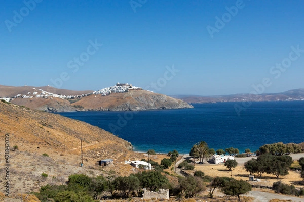 Fototapeta Astypalea island - Panoramic view on Agios Konstantinos beach and Chora village  - Dodecanese Islands, Greece
