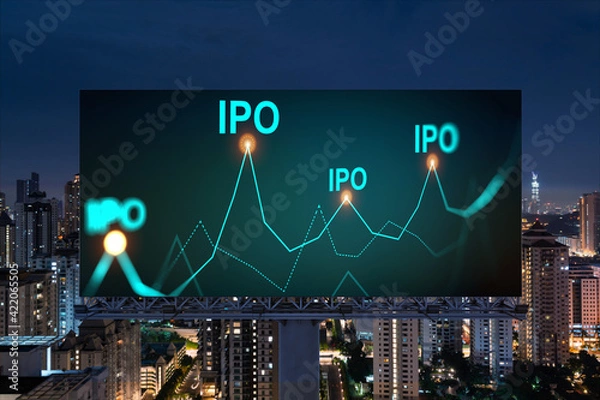 Fototapeta IPO icon hologram on road billboard over night panorama city view of Kuala Lumpur. KL is the hub of initial public offering in Malaysia, Asia. The concept of exceeding business opportunities.