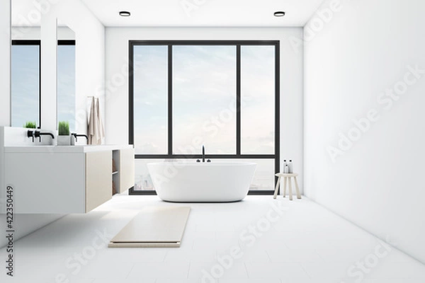 Fototapeta Modern white ceramic bathroom with a panoramic window