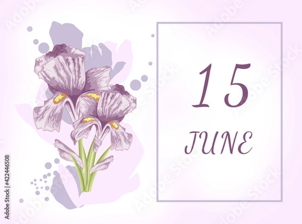 Fototapeta june 15. 15th day of the month, calendar date.Two beautiful iris flowers, against a background of blurred spots, pastel colors. Gentle illustration.Summer month, day of the year concept