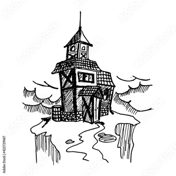 Fototapeta Black and white vintage etched art. Ink drawn ghotic clipart for sticker, tattoo, print. Old abandoned lonely ramshackle house with tiled roof, porch, tower and spire on rock cliff in bad weather.