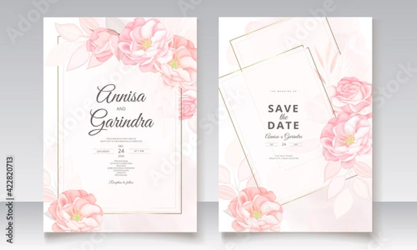 Obraz  Romantic Wedding invitation card template set with beautiful  floral leaves Premium Vector