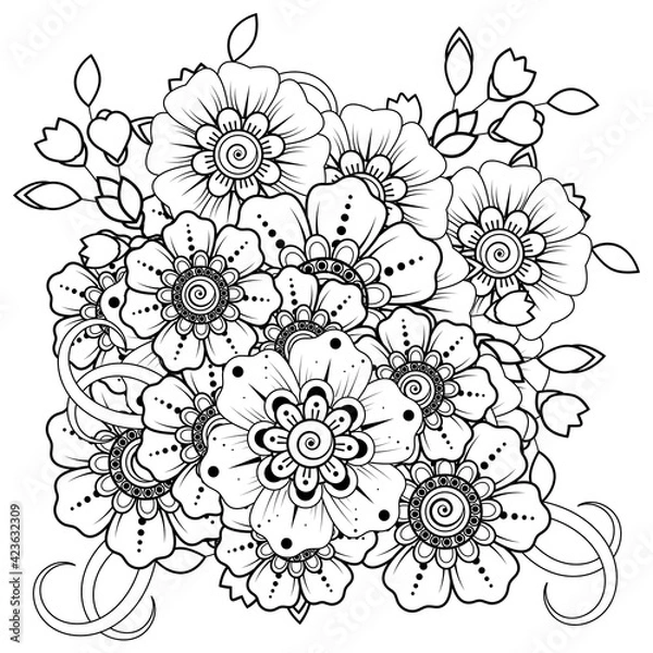 Fototapeta Mehndi flower for henna, mehndi, tattoo, decoration. decorative ornament in ethnic oriental style. coloring book page.