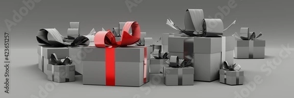 Fototapeta Gift boxes of gray color on a gray background. Festive background. 3d illustration