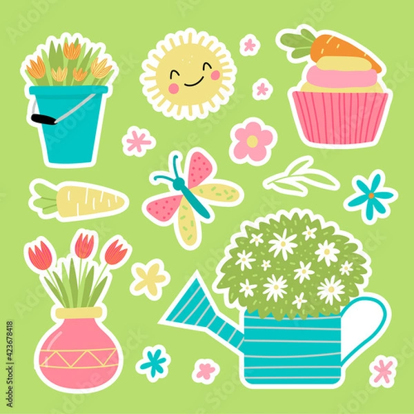 Fototapeta Spring garden stickers in cute hand drawn style. Happy gardening poster design. Vector illustration.