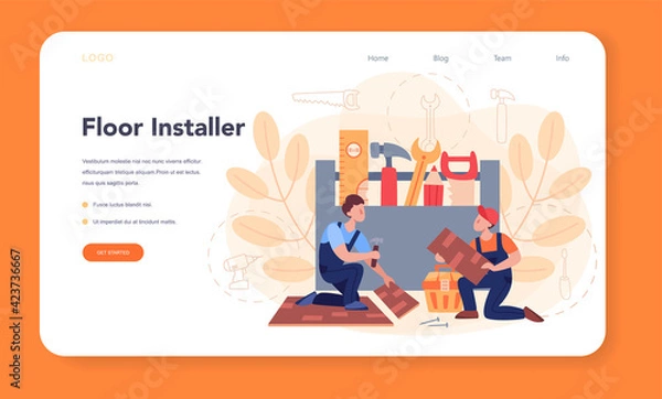 Obraz Flooring installer web banner or landing page. Professional parquet laying