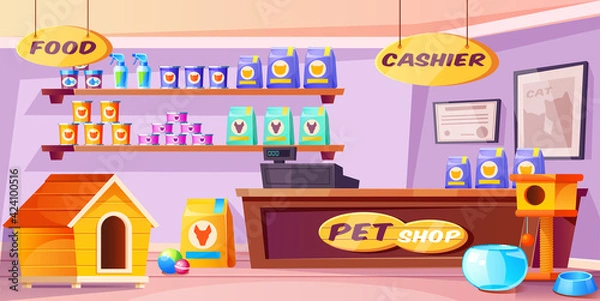 Fototapeta Pet shop interior, domestic animal store with counter desk, accessories, food, cat and dog houses, toys, tin cans on shelves. Inner view of petshop supermarket with nobody. Cartoon vector illustration