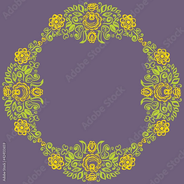 Fototapeta Beautiful card design round summer wreath of flowers leaves, folk art floral ornament Vintage elegant romantic retro wedding invitation, copy space, ink texture. Green yellow violet background. Vector