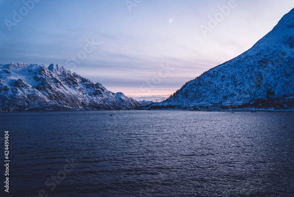 Fototapeta Snowy mountains above peaceful sea in dusk