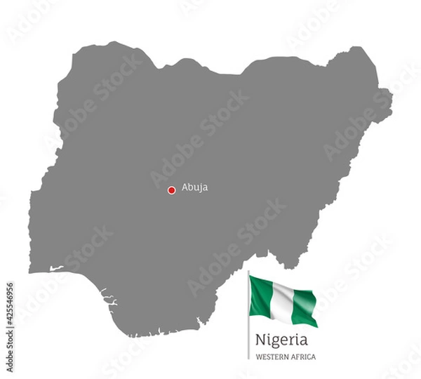 Fototapeta Silhouette of Nigeria country map. Gray editable map with waving national flag and Abuja capital, Western Africa country territory borders vector illustration on white background