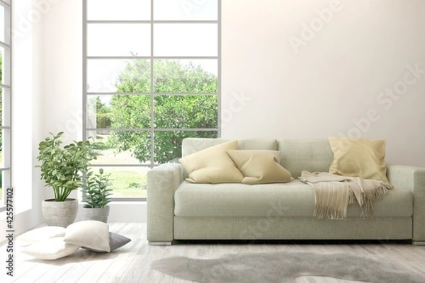 Fototapeta White living room with sofa and summer landscape in window. Scandinavian interior design. 3D illustration