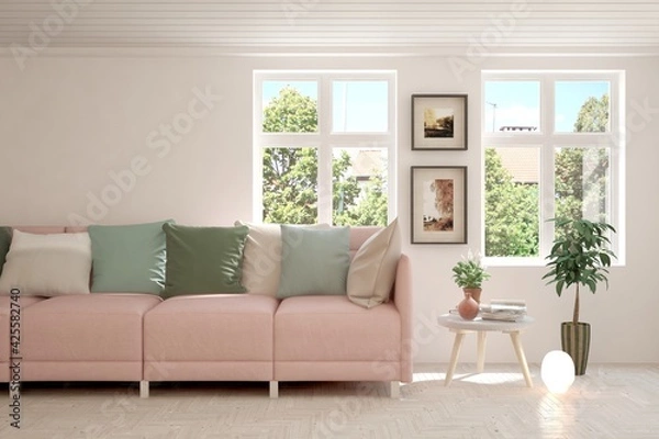 Fototapeta White living room with sofa and summer landscape in window. Scandinavian interior design. 3D illustration