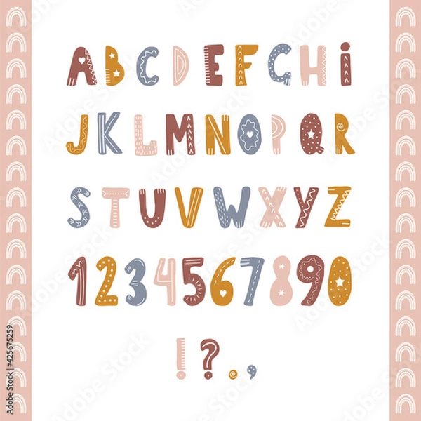 Fototapeta Hand drawn alphabet in boho style. Cute letters and numbers for banners, nursery design, postcards. Clipart isolated in white background. Vector illustration in flat cartoon style.