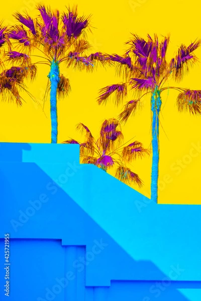 Fototapeta Creative tropical area. Palm and hotel wall. Travel advertising banner wallpaper