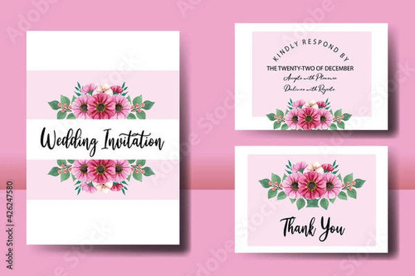 Fototapeta Floral Frame Wedding invitation, floral watercolor hand drawn Zinnia Flower design Invitation Card Template