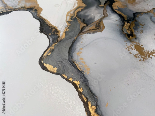 Fototapeta Abstract grey art with gold — marble background with beautiful smudges and stains made with alcohol ink and golden pigment. Black and white fluid texture resembles rock, stone, watercolor or aquarelle