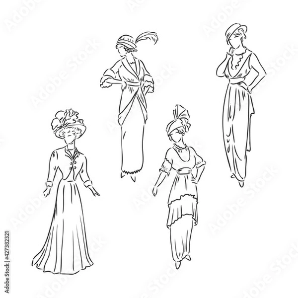 Fototapeta Antique dressed lady. Old fashion vector illustration. Victorian woman in historical dress. Vintage stylized drawing, retro woodcut style