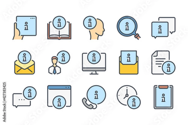 Fototapeta Info center and Guide information color line icon set. Customer service and User assistance linear icons. Help and Support colorful outline vector sign collection.