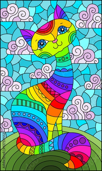 Fototapeta Stained glass illustration with a rainbow cartoon cat against a blue sky with clouds, rectangular image