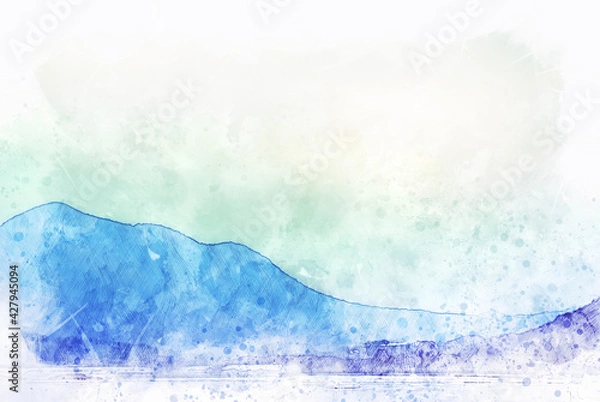 Fototapeta Abstract colorful mountain range and river watercolor illustration painting background.