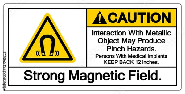 Fototapeta Caution Interaction With Metallic Object May Produce Pinch HazardsStrong Magnetic Field Symbol Sign, Vector Illustration, Isolate On White Background Label .EPS10