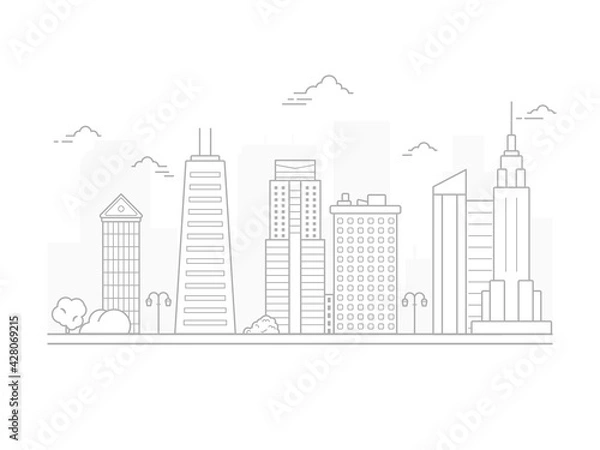 Fototapeta Thin line City landscape. Downtown landscape with high skyscrapers. Panorama architecture City landscape template. buildings and store, shop Isolated outline illustration. Urban life illustration