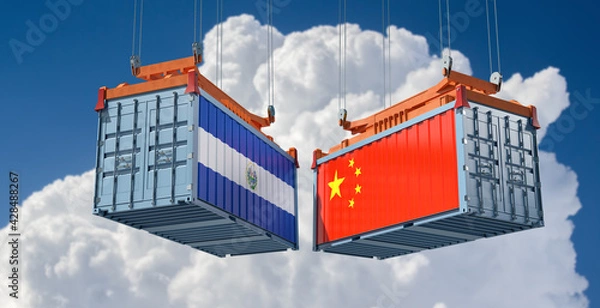 Fototapeta Freight containers with China and El Salvador national flags. 3D Rendering 