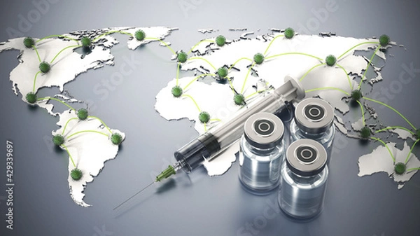 Fototapeta Covid 19 vaccine bottles and syringe standing on world map. 3D illustration