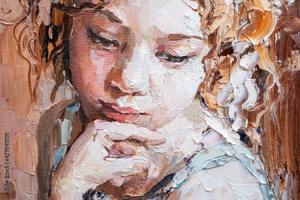 Fototapeta Fragment of a portrait of a young, dreamy girl . The oil painting is created in oil with expressive strokes.