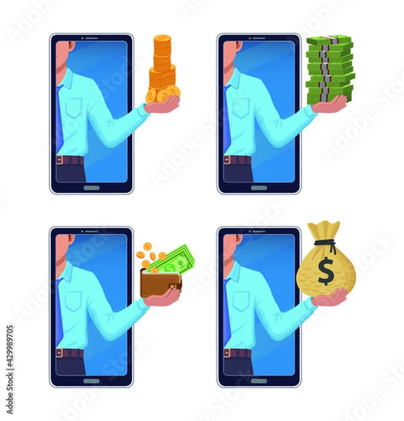 Fototapeta Businessman holding money cash wallet on smartphone screen. Internet online cash money transfer withdraw earnings concept vector illustration.