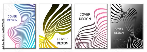 Fototapeta A set of 4 abstract covers. Wavy parallel gradient lines, ribbons evolve. Cover design, background. Trendy banner, poster.