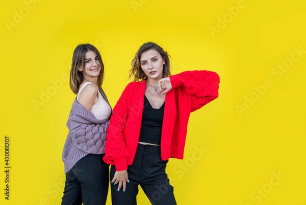 Fototapeta girlfriends posing together in modern knitted sweaters isolated on yellow wall studio portrait