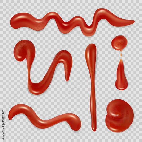 Fototapeta Tomato sauce. Red ketchup pasta splashes flow spread liquid sauce 3d realistic decent vector illustrations isolated