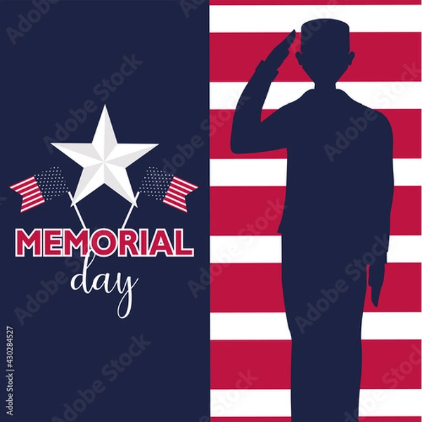 Fototapeta US army man silhouette over a flag of United States. Memorial day poster - Vector illustration