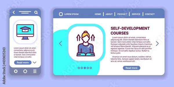 Fototapeta Self-development courses web banner and mobile app kit. Outline vector illustration. Creative idea concept