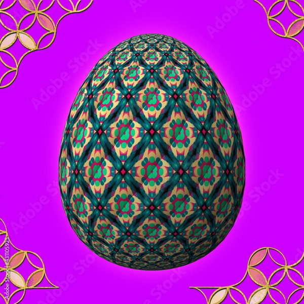 Fototapeta Happy Easter, Artfully designed and colorful 3D easter egg, 3D illustration on purple background with frame