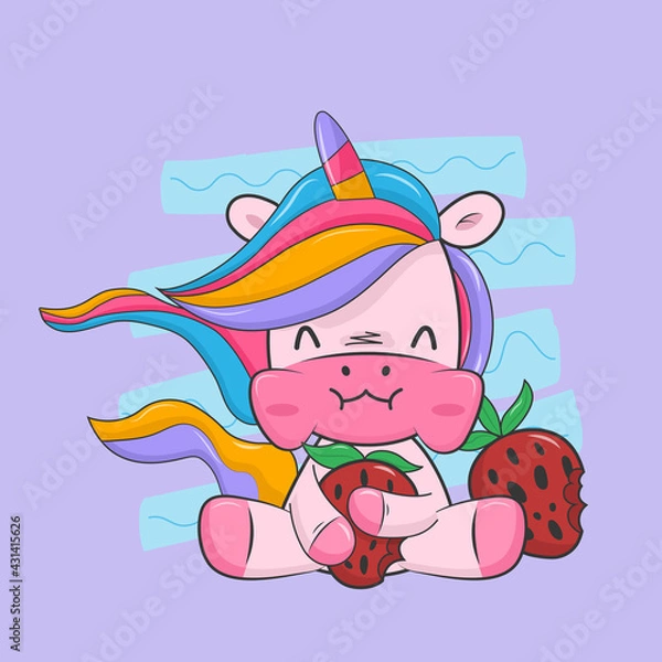 Fototapeta Cartoon funny unicorn eat strawberry