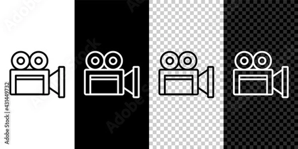 Fototapeta Set line Cinema camera icon isolated on black and white background. Video camera. Movie sign. Film projector. Vector