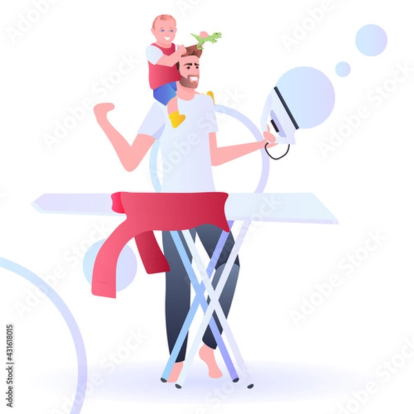 Fototapeta young father spending time with child man ironing clothes doing housework housekeeping fatherhood concept