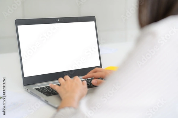 Fototapeta Back view of woman using notebook laptop with empty blank screen for your design or advertisement