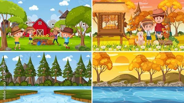 Fototapeta Four different scenes with children cartoon character