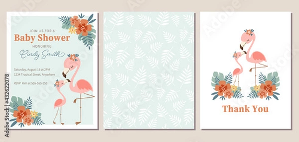 Fototapeta Set of baby shower invite, thank you card, and pattern with cute cartoon flamingo. Baby shower invitation template  set for summer. Vector illustration.