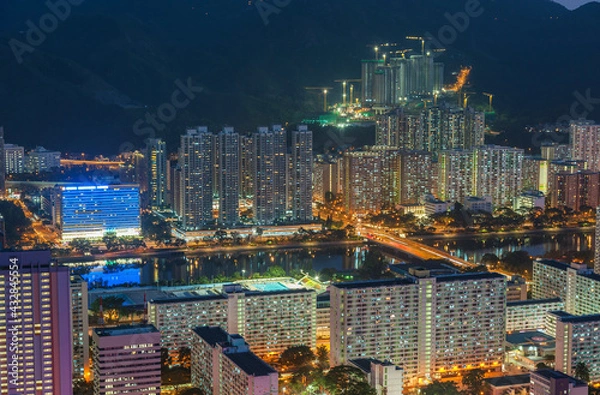 Fototapeta Aerial view of residential district of Hong Kong city at night